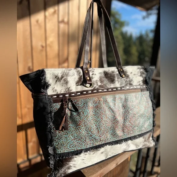 🌹New Myra Bag Cowhide Canvas Leather Weekender Travel XL extra large tote - Picture 4 of 8